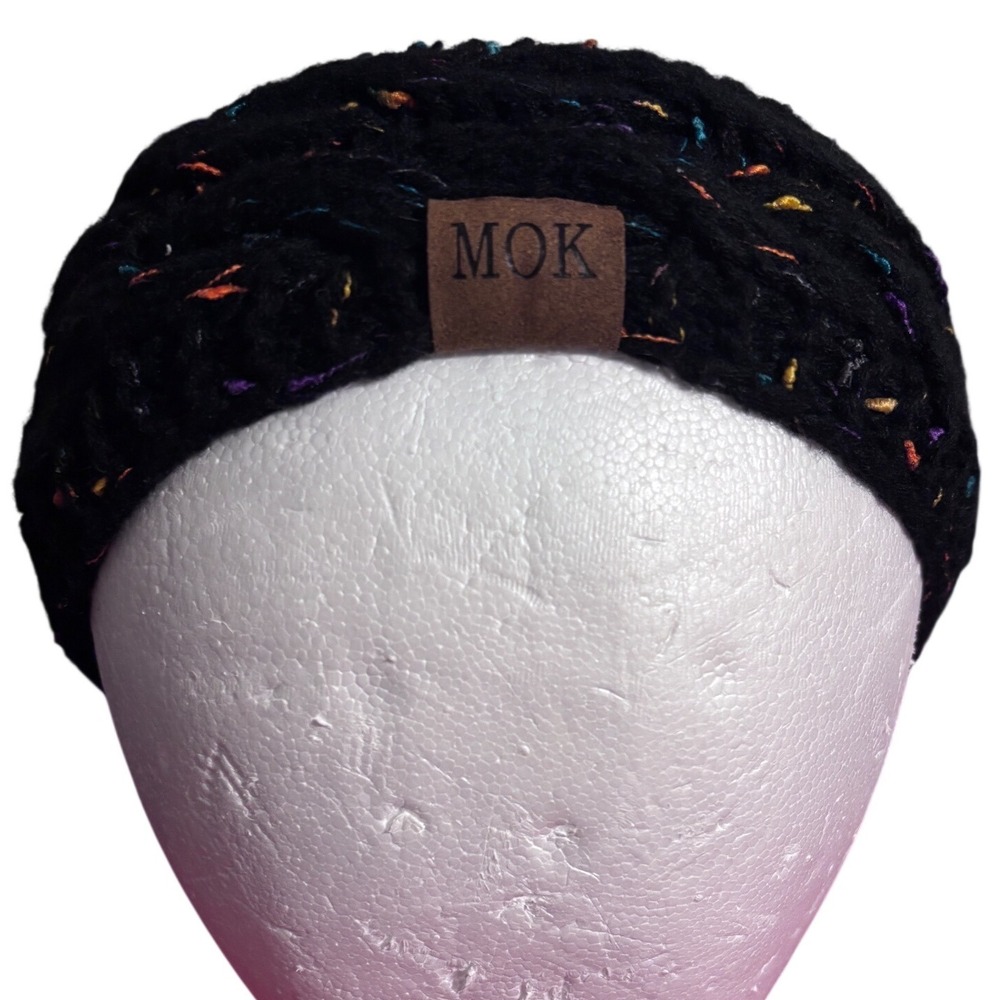 MOK Cable Knit Headband Women OS Black Multi Confetti Excellent Fleece Lined‎